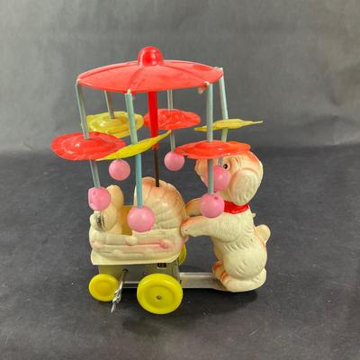 Vintage Celluloid and Tin | Poodle Pushing Carriage