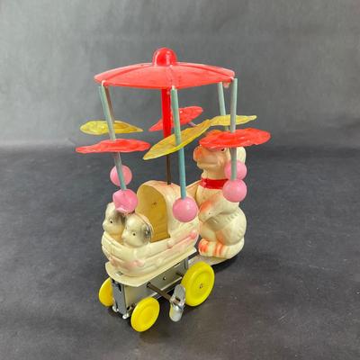 Vintage Celluloid and Tin | Poodle Pushing Carriage