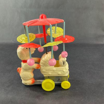 Vintage Celluloid and Tin | Poodle Pushing Carriage