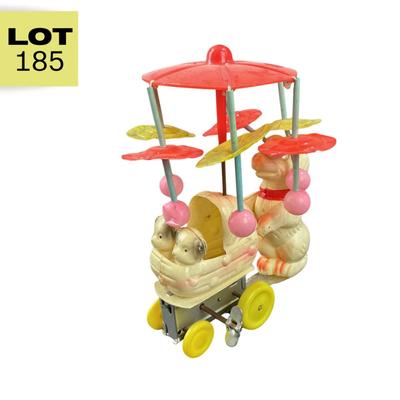 Vintage Celluloid and Tin | Poodle Pushing Carriage