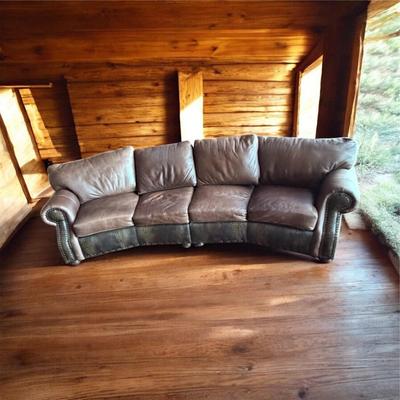 Sale Photo Thumbnail #21: Curved Shape Brown Leather Couch With Faux Alligator and Nail Head Trim (LR1)  Approximately 112" Long Two Piece Unit