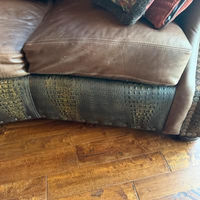 Sale Photo Thumbnail #19: Curved Shape Brown Leather Couch With Faux Alligator and Nail Head Trim (LR1)  Approximately 112" Long Two Piece Unit