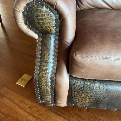 Sale Photo Thumbnail #18: Curved Shape Brown Leather Couch With Faux Alligator and Nail Head Trim (LR1)  Approximately 112" Long Two Piece Unit