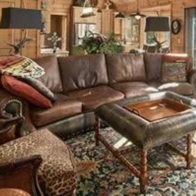 Sale Photo Thumbnail #16: Curved Shape Brown Leather Couch With Faux Alligator and Nail Head Trim (LR1)  Approximately 112" Long Two Piece Unit