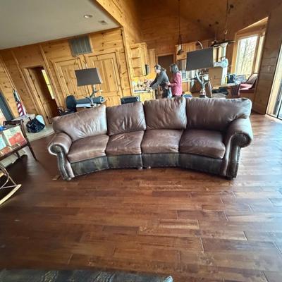 Sale Photo Thumbnail #22: Curved Shape Brown Leather Couch With Faux Alligator and Nail Head Trim (LR1)  Approximately 112" Long Two Piece Unit