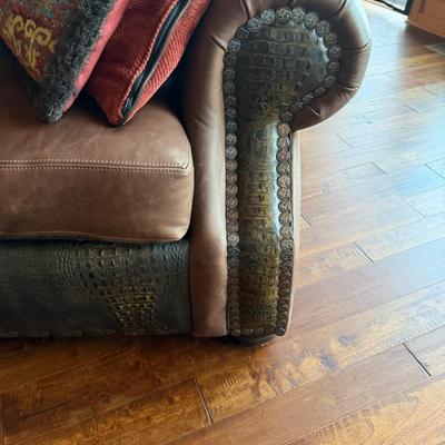 Sale Photo Thumbnail #20: Curved Shape Brown Leather Couch With Faux Alligator and Nail Head Trim (LR1)  Approximately 112" Long Two Piece Unit