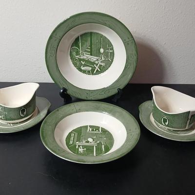 MCM 1950's Colonial Homestead dinnerware serve ware by Royal China, Large vegetable / serving bowls with two gravy boats with...
