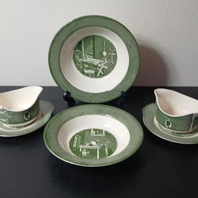 MCM 1950's Colonial Homestead dinnerware serve ware by Royal China, Large vegetable / serving bowls with two gravy boats with...