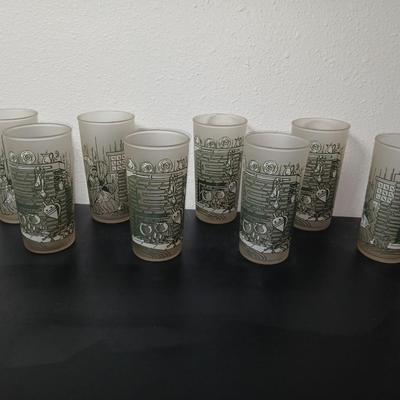 MCM vintage Hazel Atlas "Colonial Homestead" frosted tumblers 8 total & 4 total Juice glasses