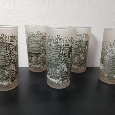 MCM vintage Hazel Atlas "Colonial Homestead" frosted tumblers 8 total & 4 total Juice glasses