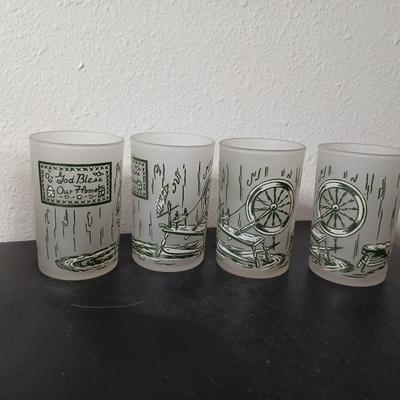 MCM vintage Hazel Atlas "Colonial Homestead" frosted tumblers 8 total & 4 total Juice glasses