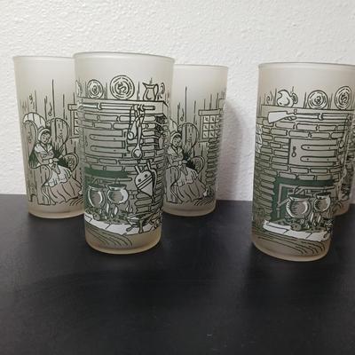 MCM vintage Hazel Atlas "Colonial Homestead" frosted tumblers 8 total & 4 total Juice glasses
