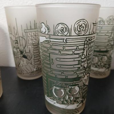 MCM vintage Hazel Atlas "Colonial Homestead" frosted tumblers 8 total & 4 total Juice glasses