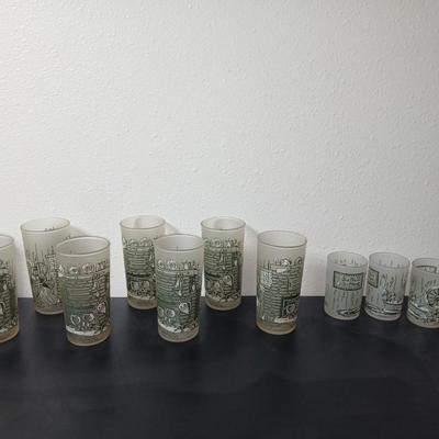 MCM vintage Hazel Atlas "Colonial Homestead" frosted tumblers 8 total & 4 total Juice glasses