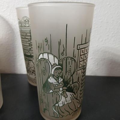 MCM vintage Hazel Atlas "Colonial Homestead" frosted tumblers 8 total & 4 total Juice glasses