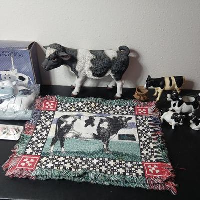 Adorable collection of Holstein cow-themed decorative and household items Otagiri Salt & Pepper, Tomy toy, Resin cow and more