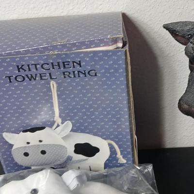 Adorable collection of Holstein cow-themed decorative and household items Otagiri Salt & Pepper, Tomy toy, Resin cow and more