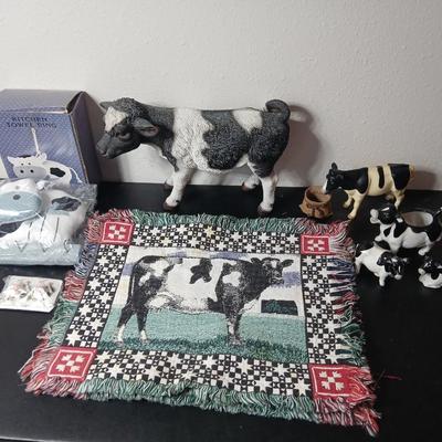 Adorable collection of Holstein cow-themed decorative and household items Otagiri Salt & Pepper, Tomy toy, Resin cow and more