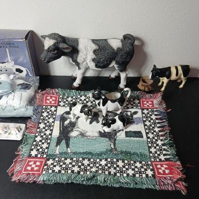Adorable collection of Holstein cow-themed decorative and household items Otagiri Salt & Pepper, Tomy toy, Resin cow and more