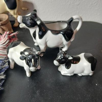 Adorable collection of Holstein cow-themed decorative and household items Otagiri Salt & Pepper, Tomy toy, Resin cow and more