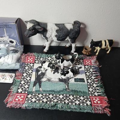 Adorable collection of Holstein cow-themed decorative and household items Otagiri Salt & Pepper, Tomy toy, Resin cow and more