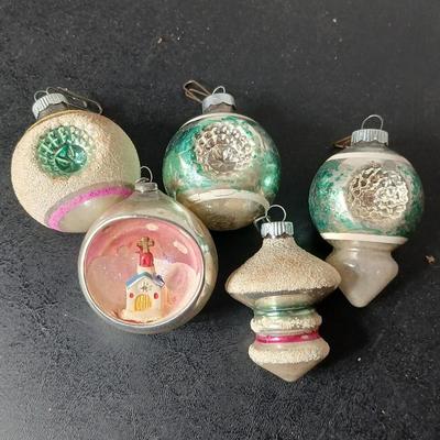 Collection of vintage Shiny Brite Christmas ornaments - UFO - ATOMIC - DIORAMA-STYLE ornament with a small church inside