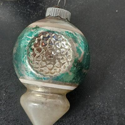 Collection of vintage Shiny Brite Christmas ornaments - UFO - ATOMIC - DIORAMA-STYLE ornament with a small church inside