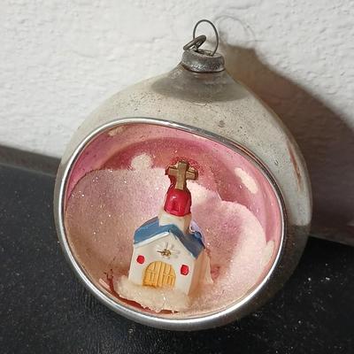 Collection of vintage Shiny Brite Christmas ornaments - UFO - ATOMIC - DIORAMA-STYLE ornament with a small church inside