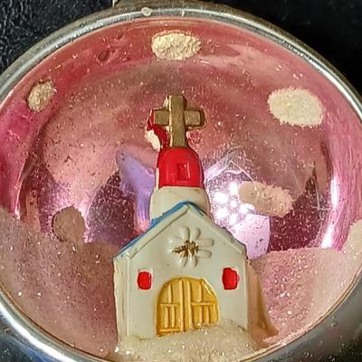 Collection of vintage Shiny Brite Christmas ornaments - UFO - ATOMIC - DIORAMA-STYLE ornament with a small church inside
