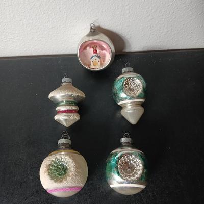 Collection of vintage Shiny Brite Christmas ornaments - UFO - ATOMIC - DIORAMA-STYLE ornament with a small church inside