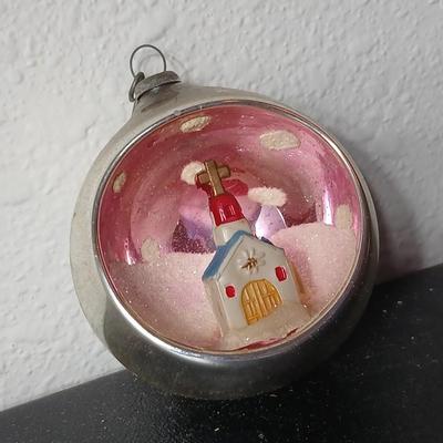 Collection of vintage Shiny Brite Christmas ornaments - UFO - ATOMIC - DIORAMA-STYLE ornament with a small church inside