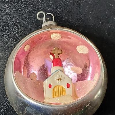 Collection of vintage Shiny Brite Christmas ornaments - UFO - ATOMIC - DIORAMA-STYLE ornament with a small church inside