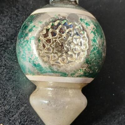 Collection of vintage Shiny Brite Christmas ornaments - UFO - ATOMIC - DIORAMA-STYLE ornament with a small church inside