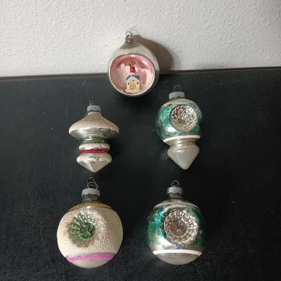 Collection of vintage Shiny Brite Christmas ornaments - UFO - ATOMIC - DIORAMA-STYLE ornament with a small church inside