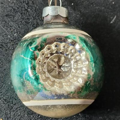 Collection of vintage Shiny Brite Christmas ornaments - UFO - ATOMIC - DIORAMA-STYLE ornament with a small church inside