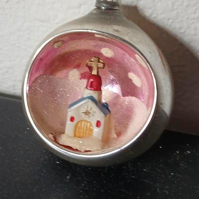 Collection of vintage Shiny Brite Christmas ornaments - UFO - ATOMIC - DIORAMA-STYLE ornament with a small church inside