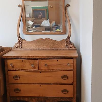 Beautiful Early era Antique dresser with a carved harp mounted Mirror