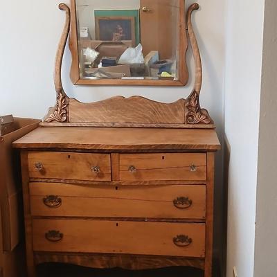 Beautiful Early era Antique dresser with a carved harp mounted Mirror
