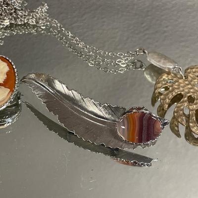Cameo & leaf brooch and two tone necklace