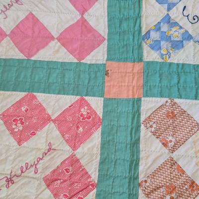 Antique Handmade quilt, likely a "friendship" or "signature" quilt