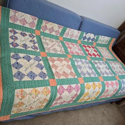 Antique Handmade quilt, likely a "friendship" or "signature" quilt