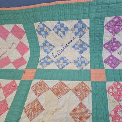 Antique Handmade quilt, likely a "friendship" or "signature" quilt