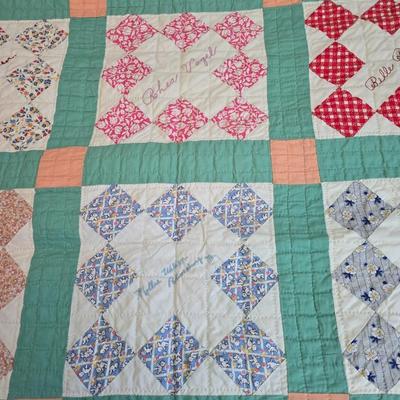 Antique Handmade quilt, likely a "friendship" or "signature" quilt
