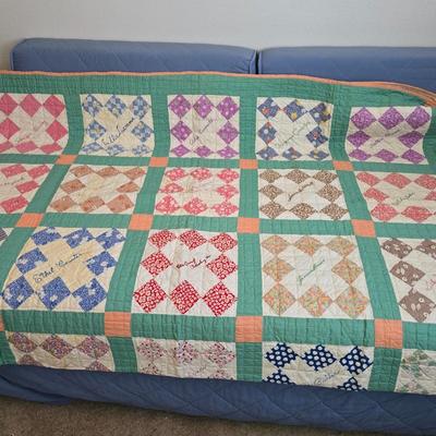 Antique Handmade quilt, likely a "friendship" or "signature" quilt