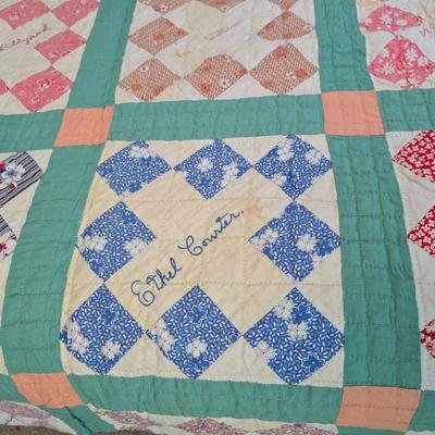 Antique Handmade quilt, likely a "friendship" or "signature" quilt