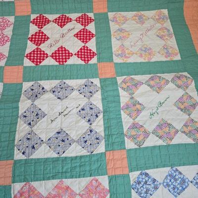 Antique Handmade quilt, likely a "friendship" or "signature" quilt