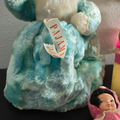 Vintage pajama bag doll with a 1966 Mattel Cheerful Tearful Baby Doll with some accessories