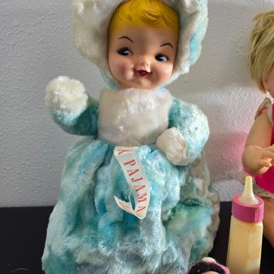 Vintage pajama bag doll with a 1966 Mattel Cheerful Tearful Baby Doll with some accessories