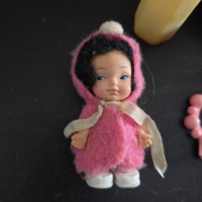 Vintage pajama bag doll with a 1966 Mattel Cheerful Tearful Baby Doll with some accessories
