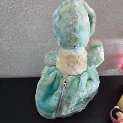 Vintage pajama bag doll with a 1966 Mattel Cheerful Tearful Baby Doll with some accessories